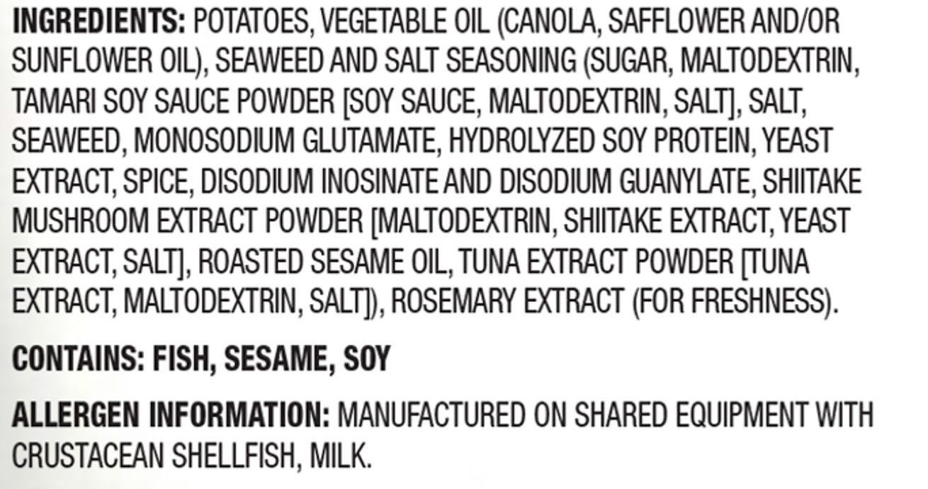 Calbee Potato Chips Seaweed & Salt Ingredients