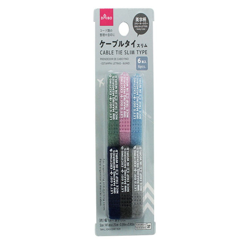 Daiso Cable Tie -Slim - English Letters - 6 pcs. - Smoky Color- FrontPackage