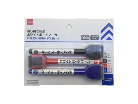 White Board Marker -With Eraser - Thin Tip - Black - Red - Blue - 3 pcs.-