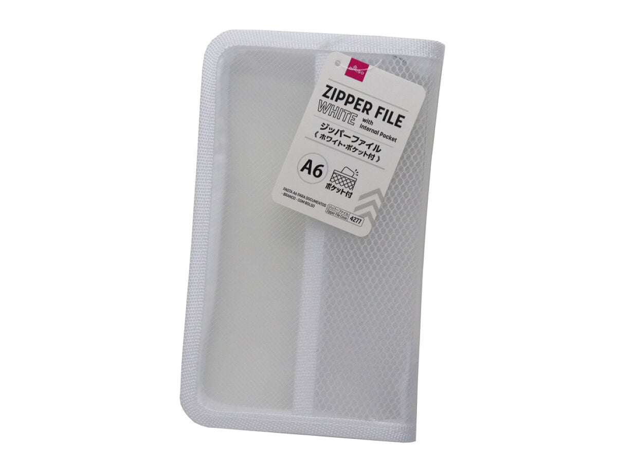 Daiso A6 Zipper file White with internal pocket FrontPackage