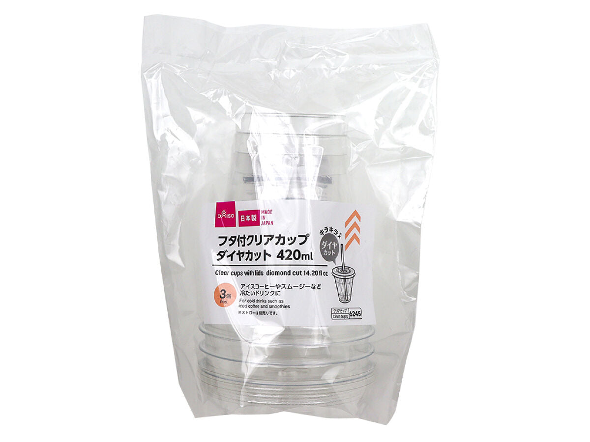 Daiso Clear Cups with Lids - Diamond Cut - 3 sets - FrontPackage