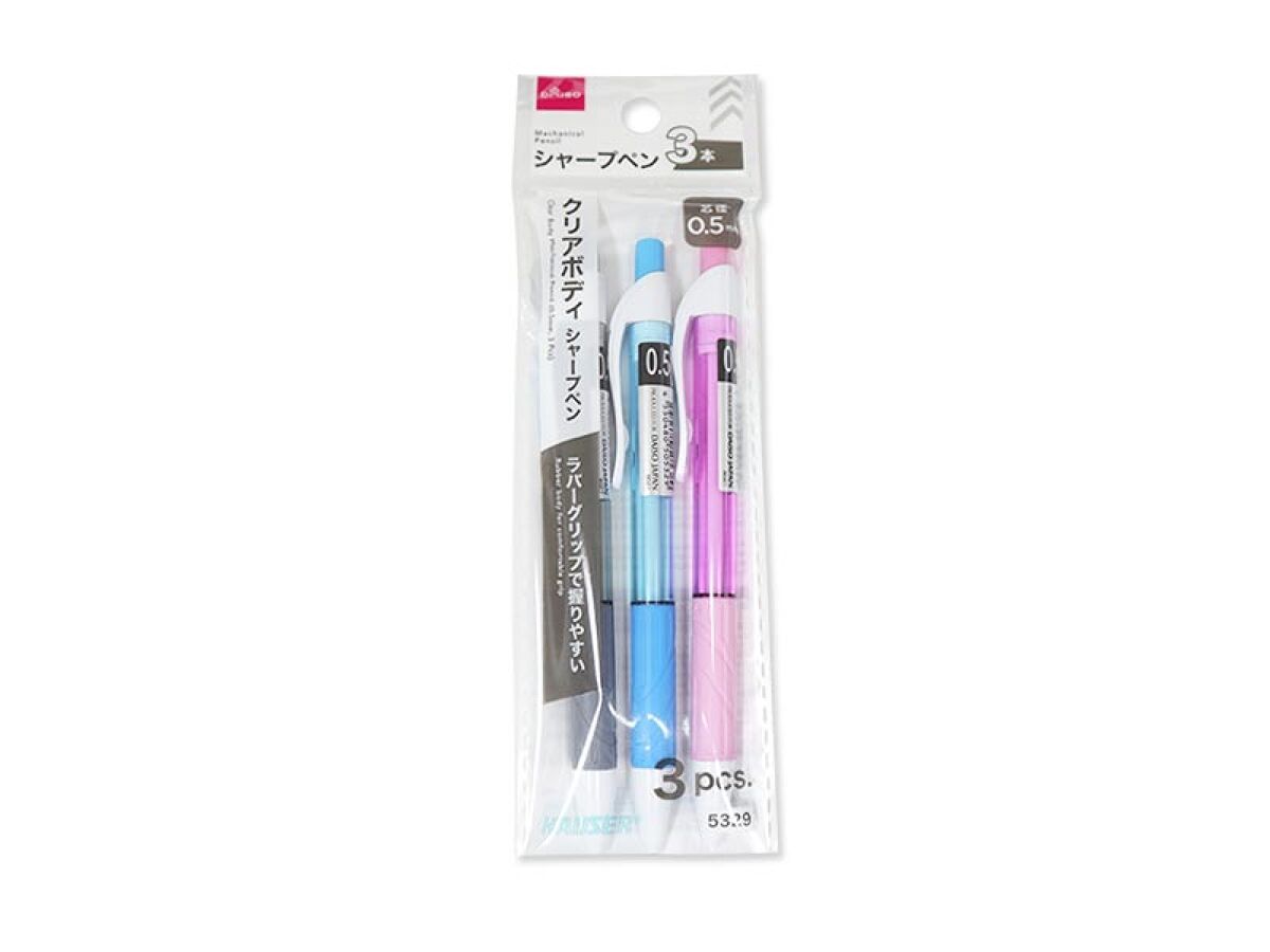 Daiso Clear Body Mechanical Pencil - Blue / Black / Pink - 3 pcs. FrontPackage