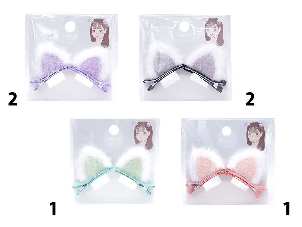 Daiso Cat ears Hair clip Stand Purple Gray Orange Green FrontPackage