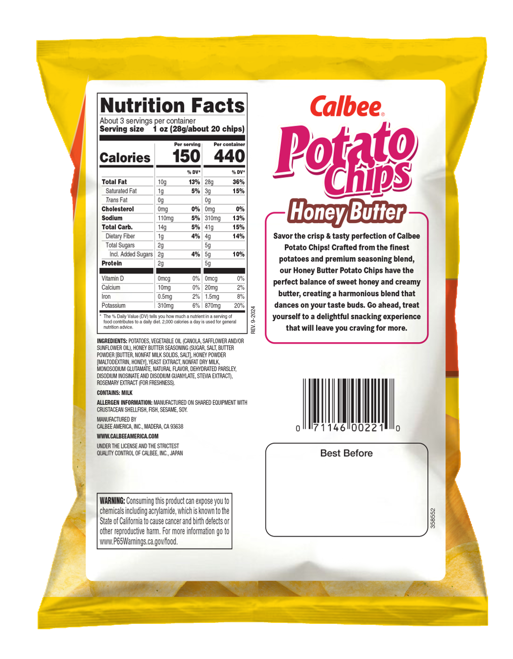 Calbee Potato Chips Honey Butter Back package