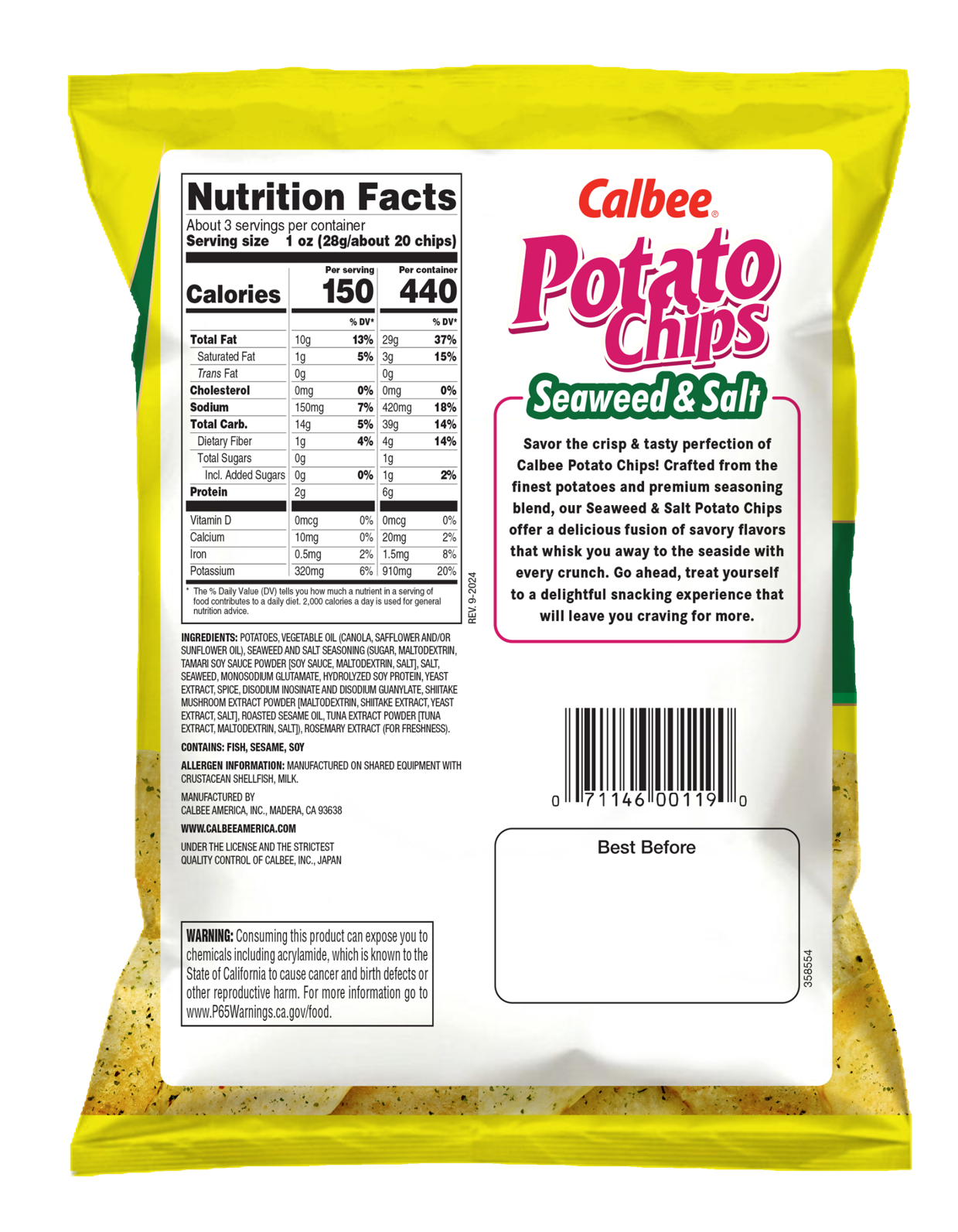 Calbee Potato Chips Seaweed & Salt back package