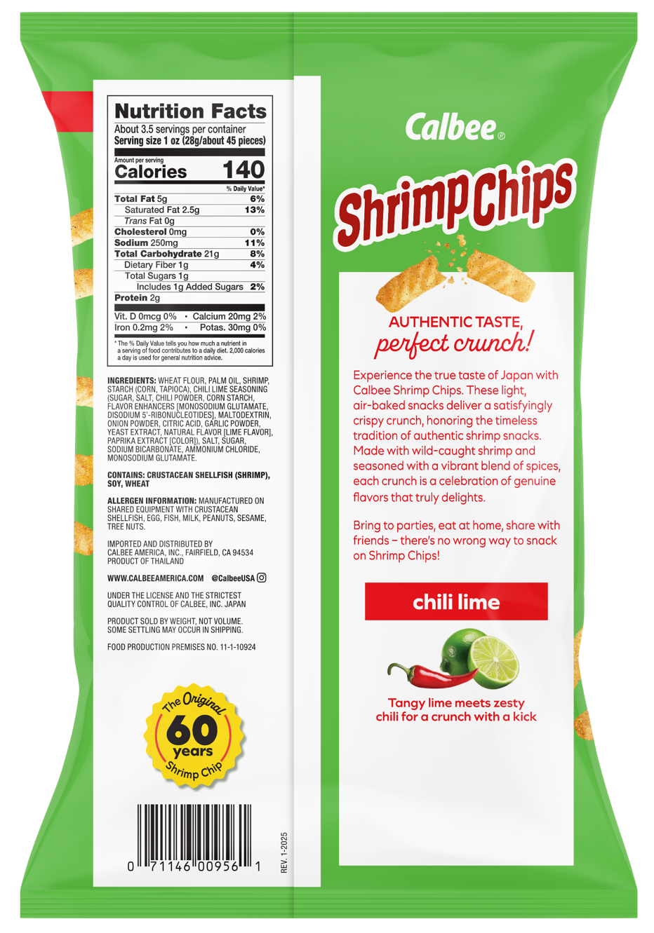 Calbee Shrimp Chips Chili Lime Back package