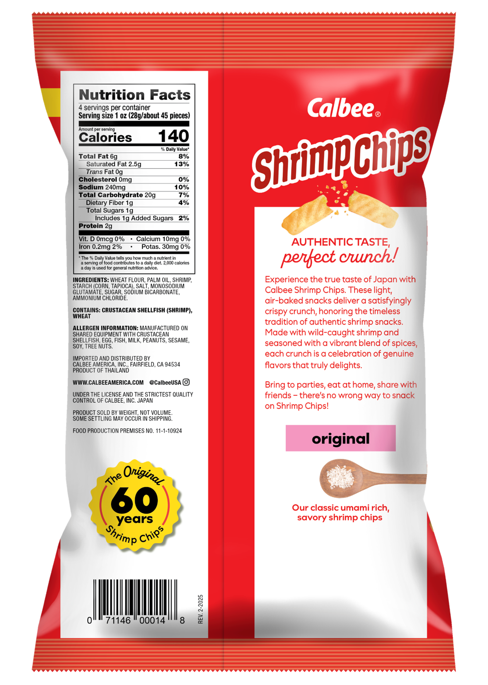 Calbee Shrimp Chips Original Back package