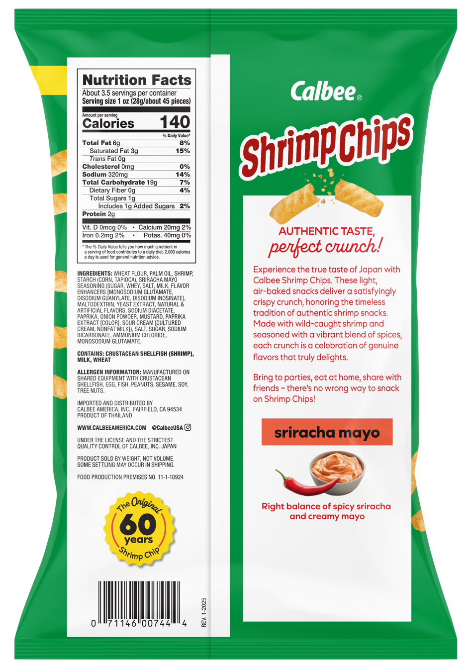 Calbee Shrimp Chips Sriracha Mayo back package