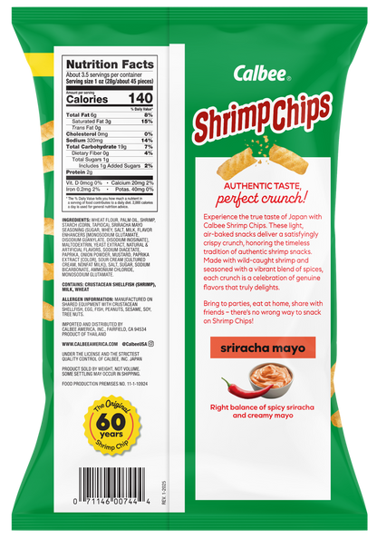 Calbee Shrimp Chips Sriracha Mayo back package