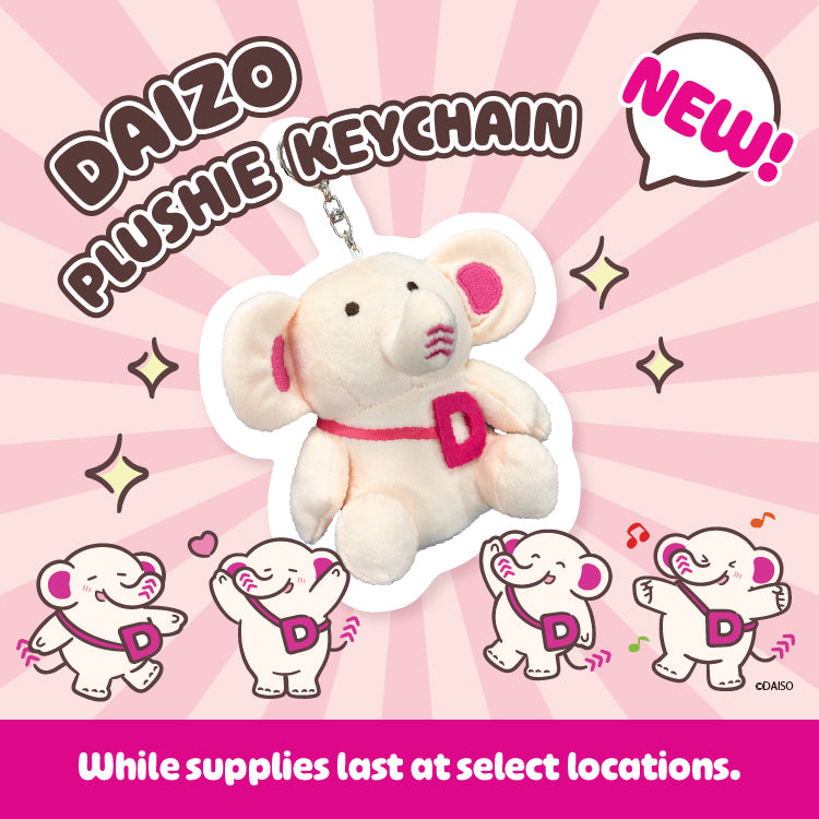Promotional banner for Daizo plushie keychain on a pink background with Daizo character in various poses.