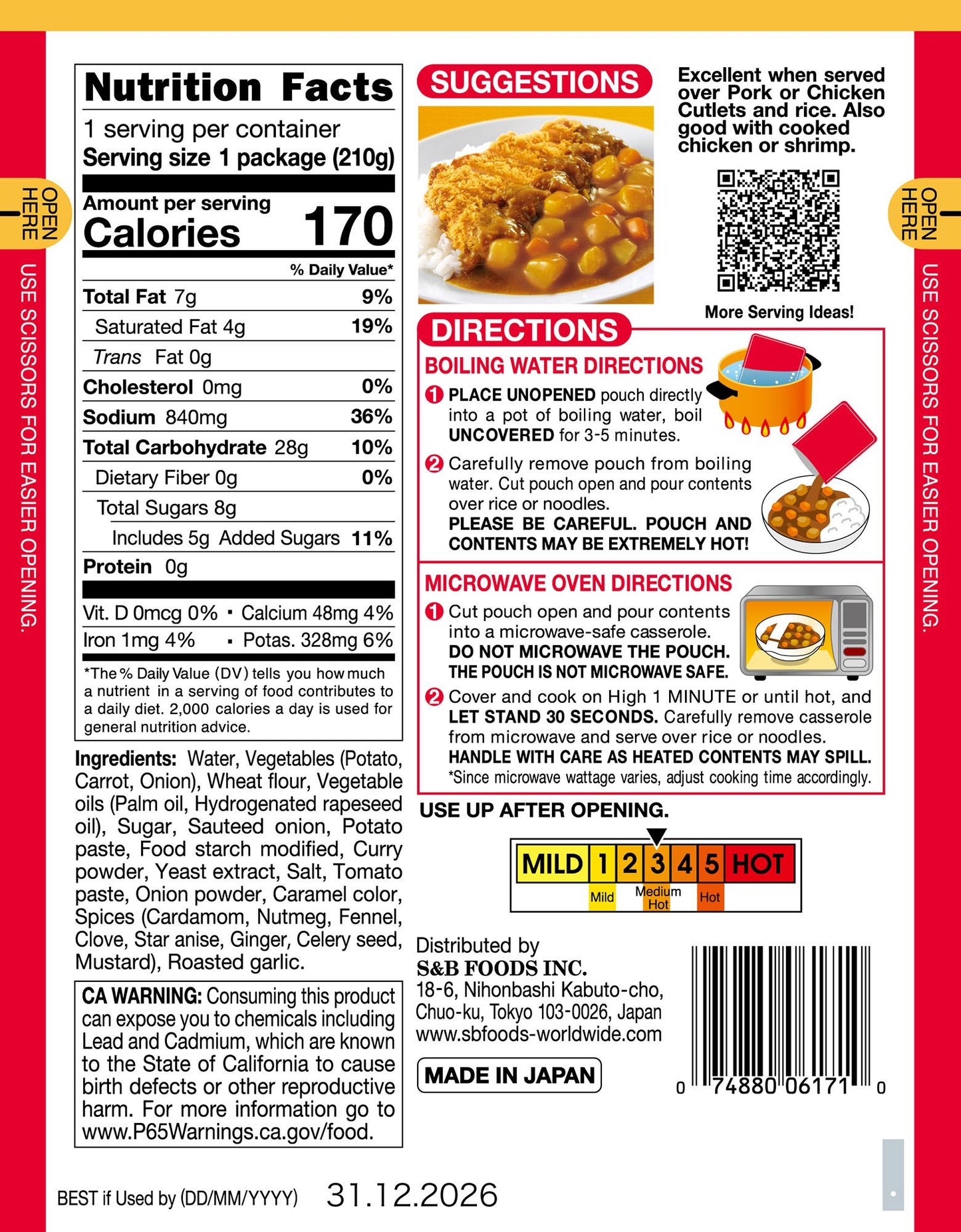 S&B Curry Sauce with Vegetables Medium Hot back package