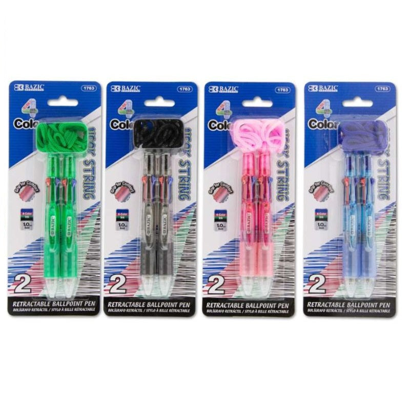 Bazic 4 - Color Neck Pen W Cushion Grip 2Pack